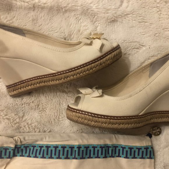 Tory Burch Ivory Canvas Espadrille Wedges - Picture 2 of 6